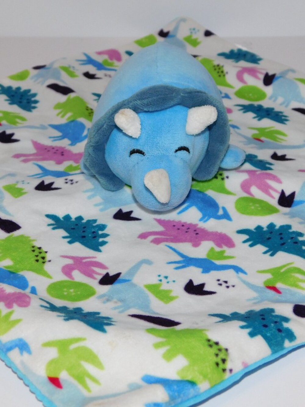 Blue Triceratops Dinosaur Plush Security blanket Baby Lovey Green Purple